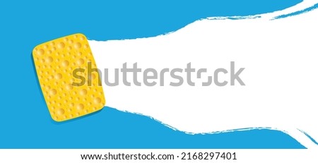 Yellow sponge wiping glass. window cleaning glass service. Windows cleanings icon or logo. Cartoon washes vector. Washing, clean or cleanup tools. Cleanliness concept, surface by dropping soap bubbles