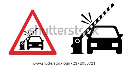 Watch out, barrier closes automatically. Cartoon car security barrier gates. Automatic barriers or boom are closing. Parking shutdown sign or symbol. Car inside a garage. Vector logo. Private parking.