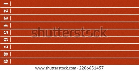 Cartoon running track with lane numbers or track numbers. Place where people exercise or sport place. lanes of running track. Start, finish point, sport field. Raceway, lines and numbers from top view