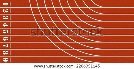 Cartoon running track with lane numbers or track numbers. Place where people exercise or sport place. lanes of running track. Start, finish point, sport field. Raceway, lines and numbers from top view