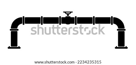 Water, oil or gas pipeline with fittings and valves. Pipeline and black tap, open, close. Globe valve icon or pictogram. Vector pipe fitting symbol. Wastewater or Waste water logo. Distribution.