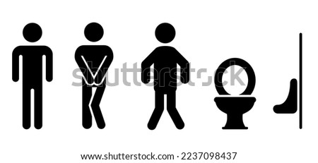 Funny cartoon Stick figures or stickman and toilet logo. Restroom or bathroom for running man or woman to peeing. Human toilets. Vector clipart clean WC pictogram. Human toilets icon or sign. 