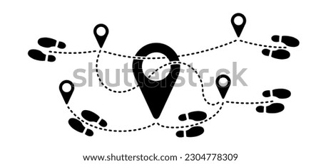 Pointer or point walk trekking route. Footprint, footstep icon. pin between multiple points. Gps navigation and travel concept. Dotterd track, line pattern. Map, road, direction arrow.