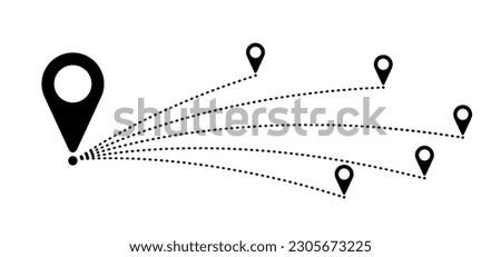 Pointer or point trekking route. Marks, location marker icon. Pin between multiple points. Navigation and travel concept. Dotterd track, line pattern. Map, road, direction arrow. Pins points mark.