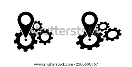 Cogwheel, pointer or point icon. Marks, cog location marker sign. Pin between multiple points. Navigation and travel concept. Dotterd track, line pattern. Gear, pins, points mark.