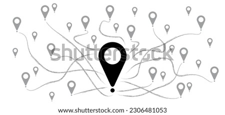 Pointer or point trekking route. Marks, location marker icon. Pin between multiple points. Navigation and travel concept. Dotterd track, line pattern. Map, road, direction arrow. Pins points mark.