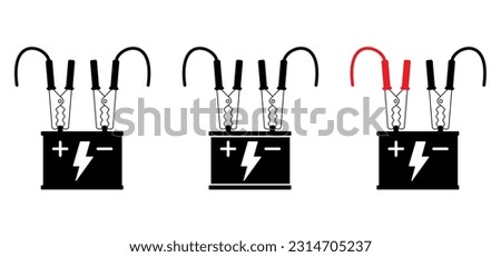 Cartoon jumper cable or jumper lead for car. Booster cable icon. Plus and minus poles. Empty battery and charge the cars. Battery jumper power cables. Jump start vehicle cable. Charging battery sign.