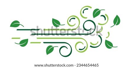 Cartoon autumn, green flower. Leaves, spring time. Puff of wind blow line symbol. leaf, blowing wind, weather, environment. Gust pictogram. Wind trails. Blowing trails. Windy weather, forecast. 