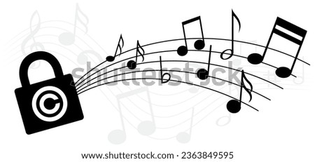 Copyright or C letter. Right of first publication. Copy right symbol. Musical note, element, staff pattern. Vector key wave. Sound symbol. concept of legal education. Pad lock privacy logo.