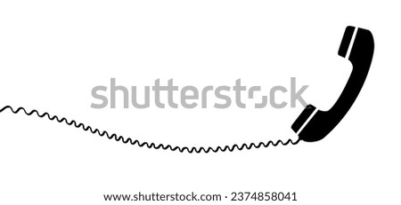 Cartoon old black handset with wire. Retro telephone receivers connected. Hand set phone sign. Phone conversation, call us or contact us concept. Telephone icon. Phone number