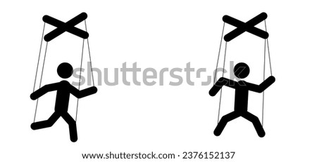 Cartoon stickman marionette controlled. Stick figure man, person puppet as a marionettes. Manipulation and influence playing concept. Play role with strings and wires. Hand manipulation concept.