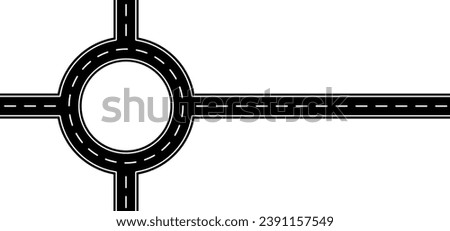 Roundabout, intersection. Winding road. Curved road with white markings. Asphalt roadway with turns. Curve way or asphalt highway or city street. Winding route, rotunda. traffic circle, congestion.