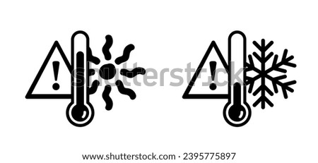 Warning winter, summer, thermometer or temperature indicate scale. Alert for hot or cold sign. Storm, snowflake and sunny. Caution,, weather thermometers. Snow flakes and high season scale.