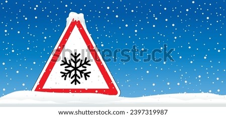 Caution, winter and snowfall. Beware very cold temperature signboard. Weather, thermometer or temperature indicate with snowflake. Freezing hazard sign. Very coldly and scorching. falling snow ball.