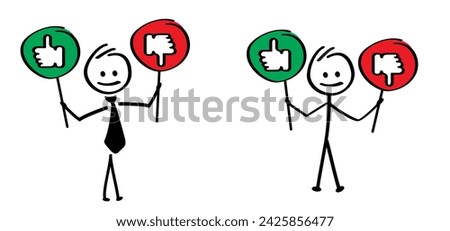 Stickman compliments oke, like hand thumb up or thumbs down. Okay or super good icon. Vector okey hands. Unlike or dislike day. Don't, Dont finger Stick figures or business man.