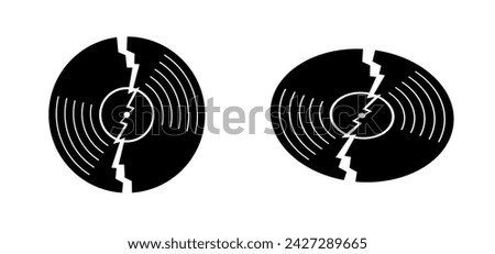 Cartoon old broken vinyl or Lp icon symbol. Retro vinyl record album. Music plate doodle. Phonograph, audio disk for turntable. Music player, analog music recording. Gramophone label and badge.