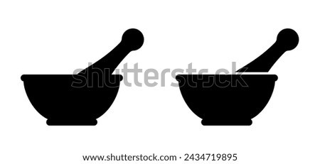 Mortar to grind herbs. Kitchenware icon. Mortars and pestle. Mixing herbal medicine icon. Pharmacy logo. Mortar and pusher for herb grinding. Medicine bowl. Healthy food, meal concept.