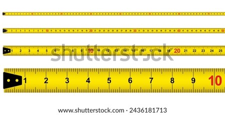 Yellow measuring tape. Working tapeline. tape measure, ruler metric measurement. Millimeter, centimeter, meter. Metric ruler mm, cm or m scale. School equipment icon. Tools sign