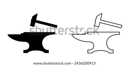 Anvil with hammer. Anvils for blacksmith. Smithy and mallet. Black smith silhouette. Blacksmith working metal with hammers on the anvil in the forge or industry. For forging molten metal or steel.