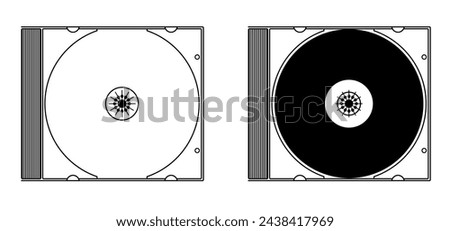 Cartoon cd rom. Compact disc CD or DVD and cover. Empty file and jewel case sign. For data, backup or software.  CD case or box line pattern. CD player listen to music. dvd rw recording.