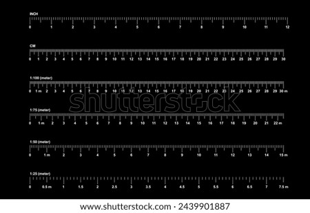 Grids for a ruler in millimeter, centimeter, meter and inch. Rulers mm, cm, m scale. metric units measuring scale bars for ruler. scale 1:100, 1:75, 1:50 and 1:25. Tape measure. Tools sign