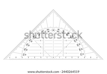 Triangle ruler or set square. protractor icon. Grids for a ruler in millimeter, centimeter. 0, 45 en 90 degrees. Rulers mm, cm scale. metric units measuring scale bars for ruler. School tools sign.