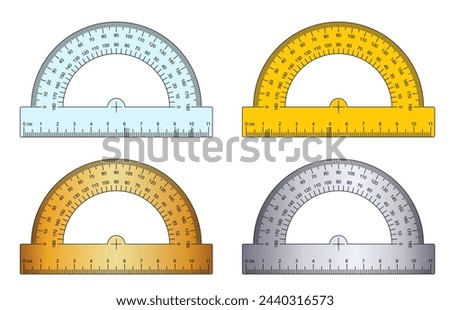 180 degree protractor, ruler or set square. protractor icon. Grids for a ruler in millimeter, centimeter. 0, 45, 90 or 180 degrees. Rulers mm, cm scale. Scale bars for rulers. School tools sign.