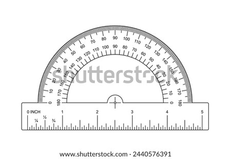 180 degree protractor, ruler or set square. protractor icon. Grids for a ruler in inch. 0, 45, 90 or 180 degrees. Rulers INCH scale. Scale bars for rulers. School tools sign.