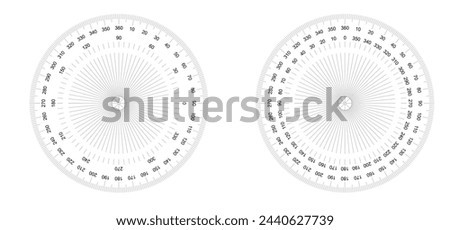 Round 180 degree protractor, ruler or set square. Circular protractor. icon. compass, and map, angle meter. Rulers mm, cm scale. Scale bars for rulers. School tools sign. Measuring round scale.