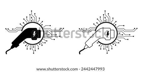 ev charger connector. Filling pump station, cable plugs for auto or car. Battery, electric vehicle plug charging station point. vehicle plugs and sockets ports for electric cars. Charge level loading