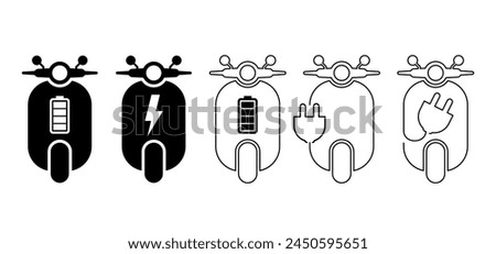 Cartoon motor scooter. Electric scooter or e-scooter. Battery charging for Charge charging point. Modern ecology vehicle, e scooter logo. Motorcycle or motor bike. Electric motor bicycle or bike.