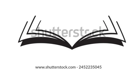 Cartoon open book and pages. Education concept. Line drawing. Opened books sign. Book store logo. Flying pages. Read, study or learn. World book day. Reading paper magazine.