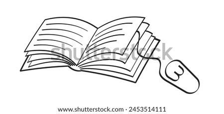 Cartoon epub books or ebooks. Open book and pages with mouse. Download for eReader. Line drawing. Opened books sign. Digital book store logo. Flying pages. World book day. Online library shop.