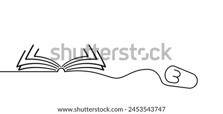 Cartoon epub books or ebooks. Open book and pages with mouse. Download for eReader. Line drawing. Opened books sign. Digital book store logo. Flying pages. World book day. Online library shop.