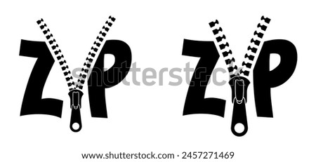 slogan zip file logo. Compression documents. Computer document icon. Reduce file size. Extension name .EXE. Zip fastener with zipper puller. Set of closed and open with fastener. Unzip, closed zip.