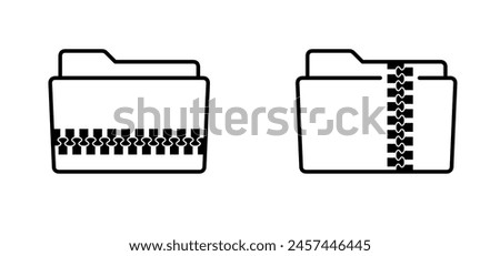 slogan zip file logo. Compression documents. Computer document icon. Reduce file size. Extension name .EXE. Zip fastener with zipper puller. Set of closed and open with fastener. Unzip, closed zip.