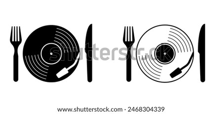 Vinyl or Lp icon. Plate, fork and knife icon. Food and dj symbol. dj . retro vinyl record album. Phonograph for turntable. Analog music recording. Gramophone label and badge. Eat, eating concept.