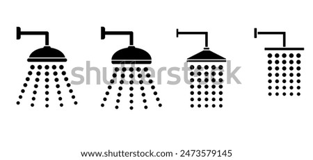 Cartoon Home, hotel shower head with water drops. Vector bathroom tools. Water shower symbol. for shower stall or shower bath and bath room, bathing hot water. Douche icon. Showerhead logo