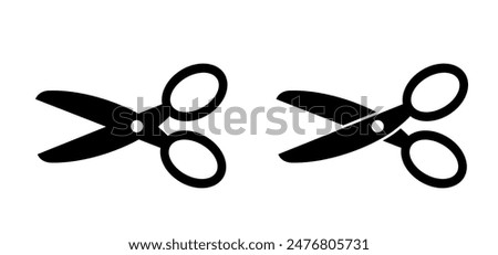 Cartoon line open and closed scissors icon. Flat vector open or close scissor for cutting coupon, voucher or paper. For dotted line with shears or scissors cut lines symbol. Tools for barber shop.