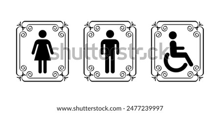 Stick figures or stickman and toilet logo. Restroom or bathroom human toilets. WC toilets icon or sign. Frame and tiles sign. Toilet for men, women and the disabled. gentleman icon.