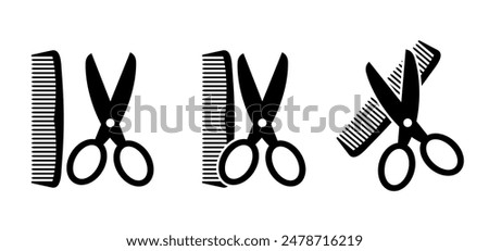 Hair comb or barber comb and scissor. For combing and styling hair. Shears or scissors symbol. Tools for barber shop. Hairdressing tool. Barbershop concept.