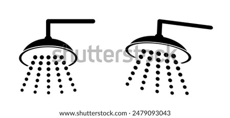 Cartoon Home, hotel shower head with water drops. Vector bathroom tools. Water shower symbol. for shower stall or shower bath and bath room, bathing hot water. Douche icon. Showerhead logo