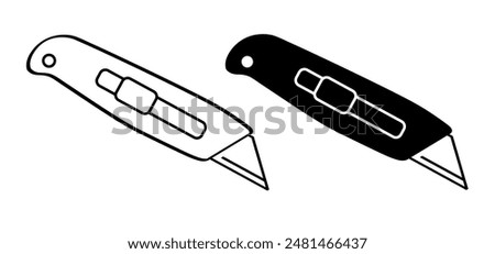 Work knives. Cartoon cutter knife. retractable blade or knife. Paper or cardboard cutter. Work, school tools. Retractable blades concept. Utility knife or jackknife. Spare blade for cutter.