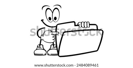 Cartoon, comic mascot file management concept. Computer files directory, line pattern. Folders organised in a system of storage. Folder with network. Computing map. Data storage.