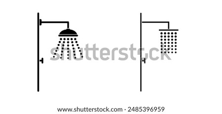 Cartoon Home, hotel shower head with water drops. Vector bathroom tools. Water shower symbol. for shower stall or shower bath and bath room, bathing hot water. Douche icon. Showerhead logo