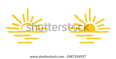 Cartoon drawing half sun or sunlight. Shining rays of light. Sunrise suns. Weather tools. Power, Sun rise line pattern. Sunshine sunset. water, sea surface. Downwards or upwards wave.