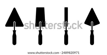 Cartoon masonry trowel, hand trowel for brickwork. Brick laying, brick wall and trowels. Construction vector icon or logo. Set of bricklayer and stucco trowels. Cement trowel, plastering trowel.