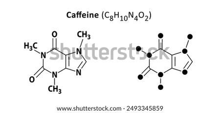 Coffee, caffeine chemical structure, C8H10N4O2. Structural formulas cell, cells molecules membranes atom atomic. Balance coffee concept. Line pattern. Caffain formula molecule. Atom concept.