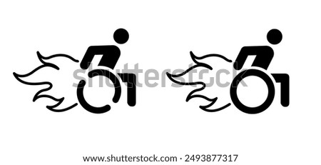 Flaming wheelchair. Wheelchair with flames. Wheelchair race or wheelchair racing icon. Fire sport logo. Game sports and wheelchairs.