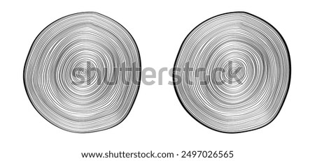 Cartoon drawing annual rings or growth rings. Deforestation. Tree or trees, cut ring pattern. For firewood. Wood stump surface Round piece of wood in cross section with wood texture pattern.